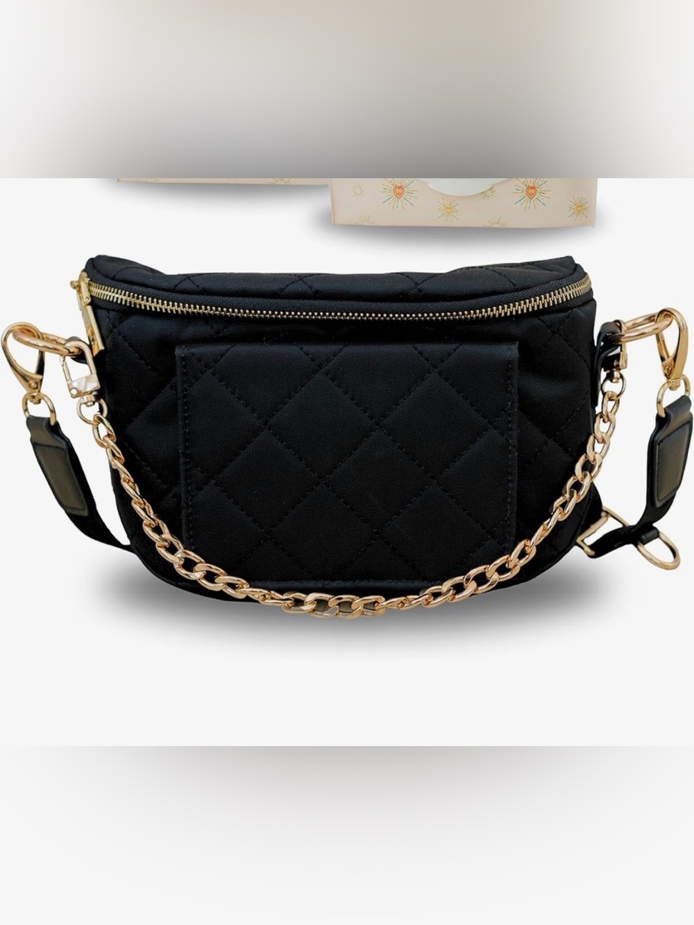 Lion and Light Quilted Black Crossbody Bum Bag with Gold Chain Accent